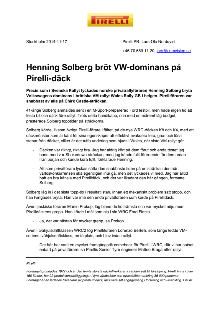 Henning Solberg bröt VW-dominans på Pirelli-däck
