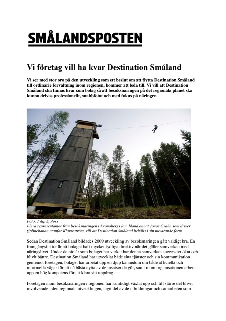 Vi företag vill ha kvar Destination Småland 