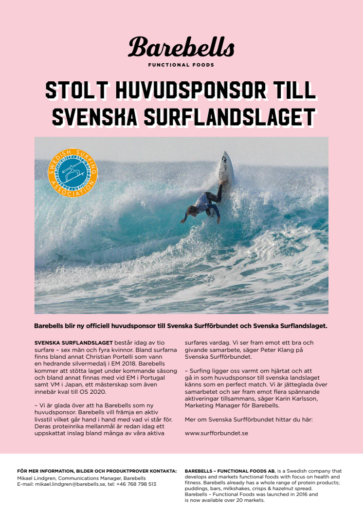 Barebells stolt huvudsponsor till Svenska Surflandslaget