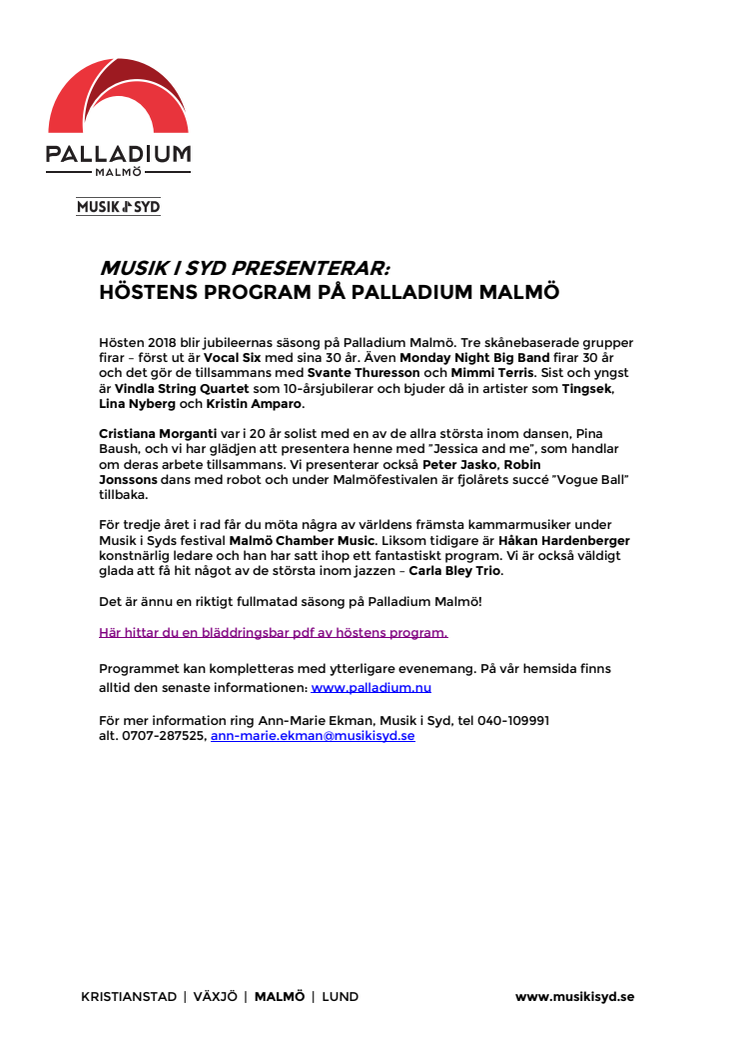 Musik i Syd presenterar: Höstens program på Palladium Malmö