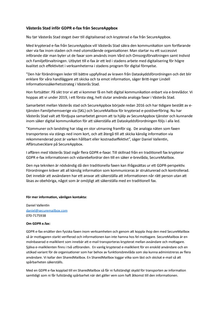 Västerås Stad inför GDPR e-fax från SecureAppbox