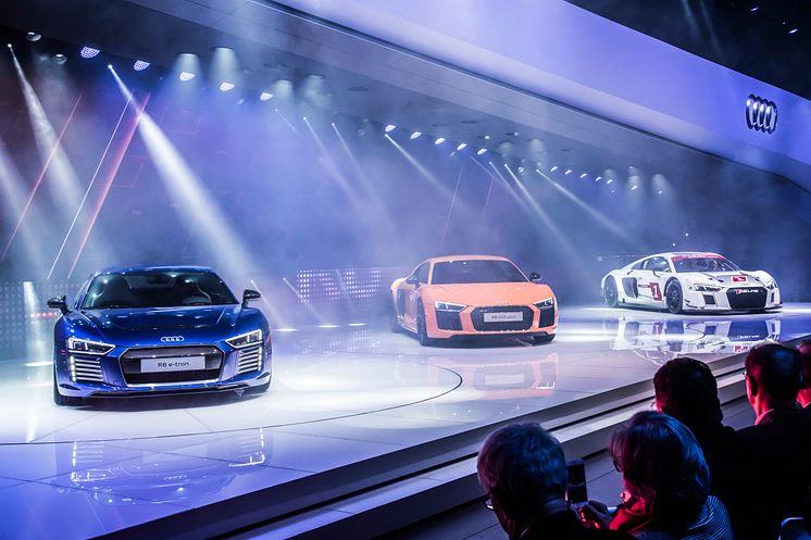 from left The new Audi R8 e-tron, the new Audi R8 V10 plus, the new Audi R8 LMS on the Geneva Motorshow 2015