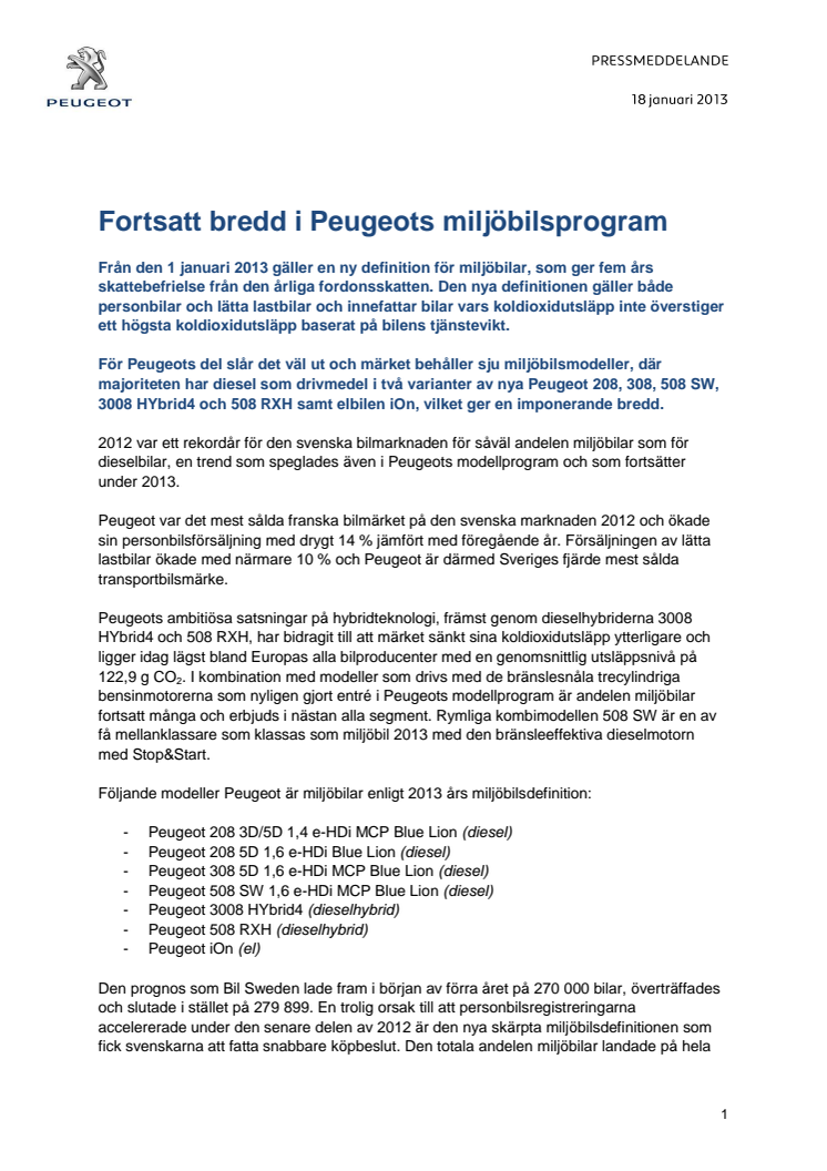 Fortsatt bredd i Peugeots miljöbilsprogram