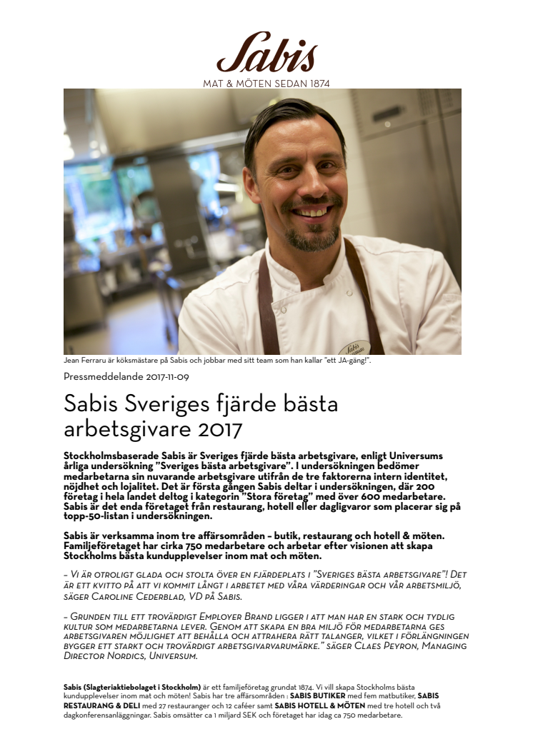 Sabis Sveriges fjärde bästa arbetsgivare 2017