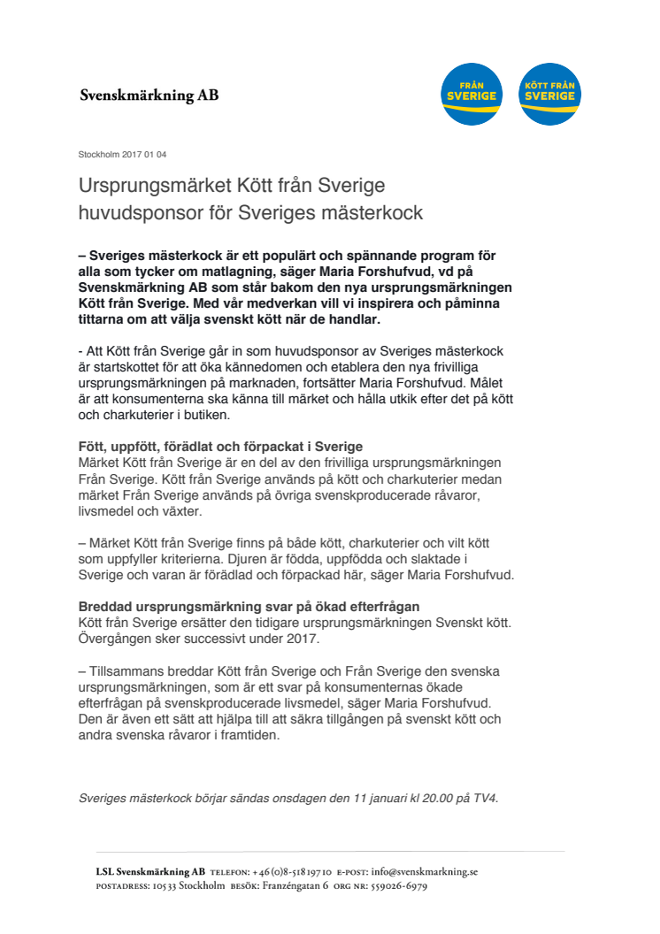 Ursprungsmärket Kött från Sverige huvudsponsor för Sveriges mästerkock