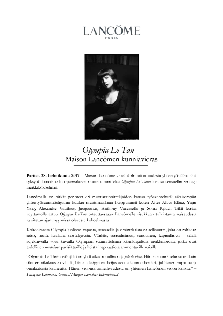 Lehdistötiedote Olympia Le-Tan: Lancôme Maison kunniavieras