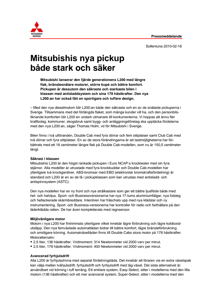 Mitsubishis nya pickup både stark och säker
