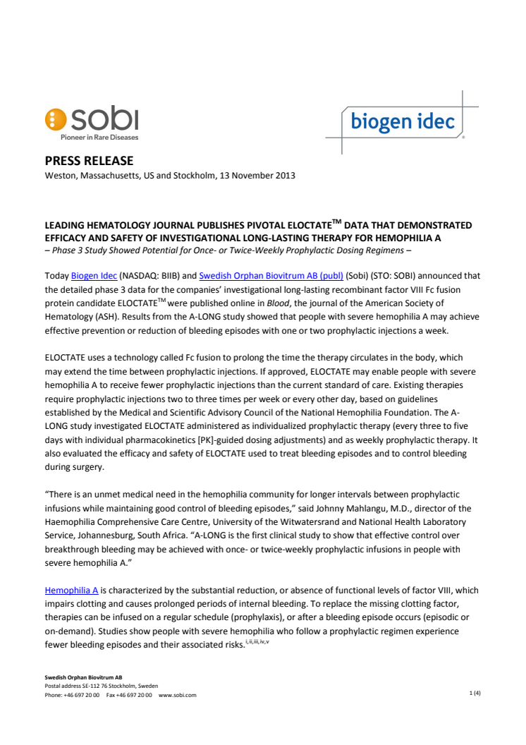 Leading hematology journal publishes pivotal Eloctate data that demonstrated efficacy and safety of investigational long-lasting therapy for hemophilia A