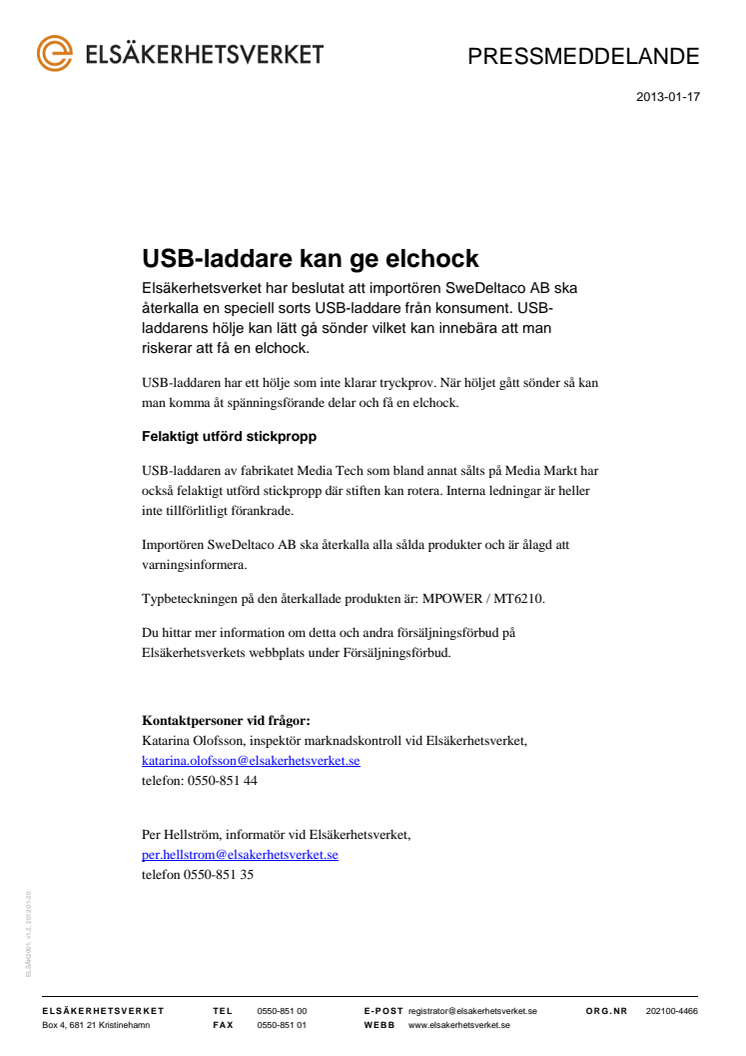 USB-laddare kan ge elchock