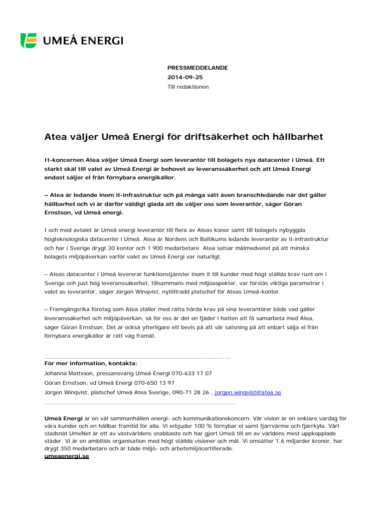 Atea väljer Umeå Energi för driftsäkerhet och hållbarhet