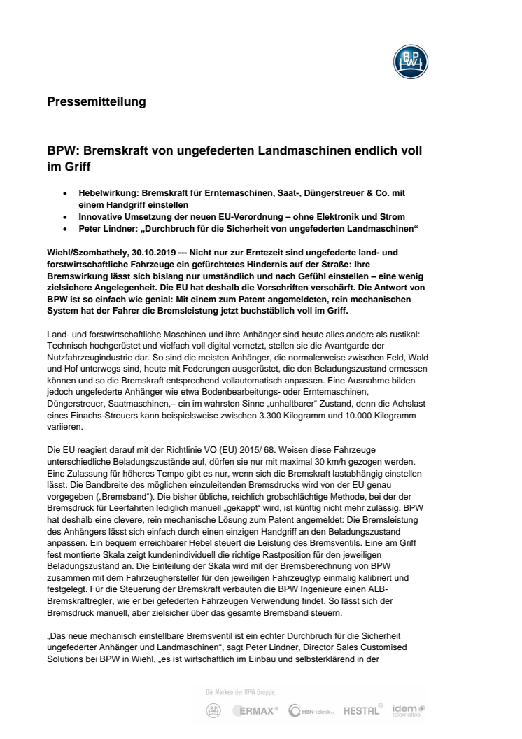 BPW: Bremskraft von ungefederten Landmaschinen endlich voll im Griff 