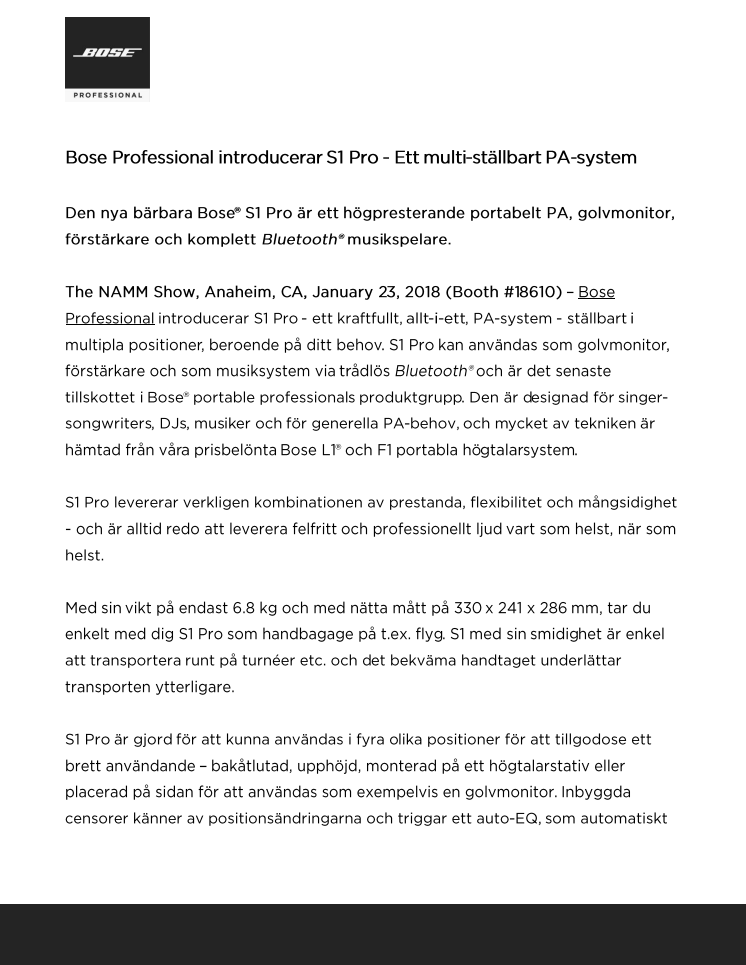 Bose Professional introducerar S1 Pro - Ett multi-ställbart PA-system