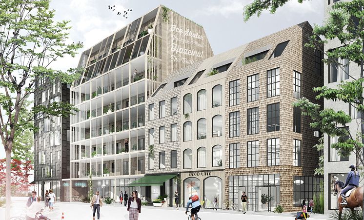 Visionsbild, fasadvy över Diligentias Woodhouse Rosendal, Uppsala