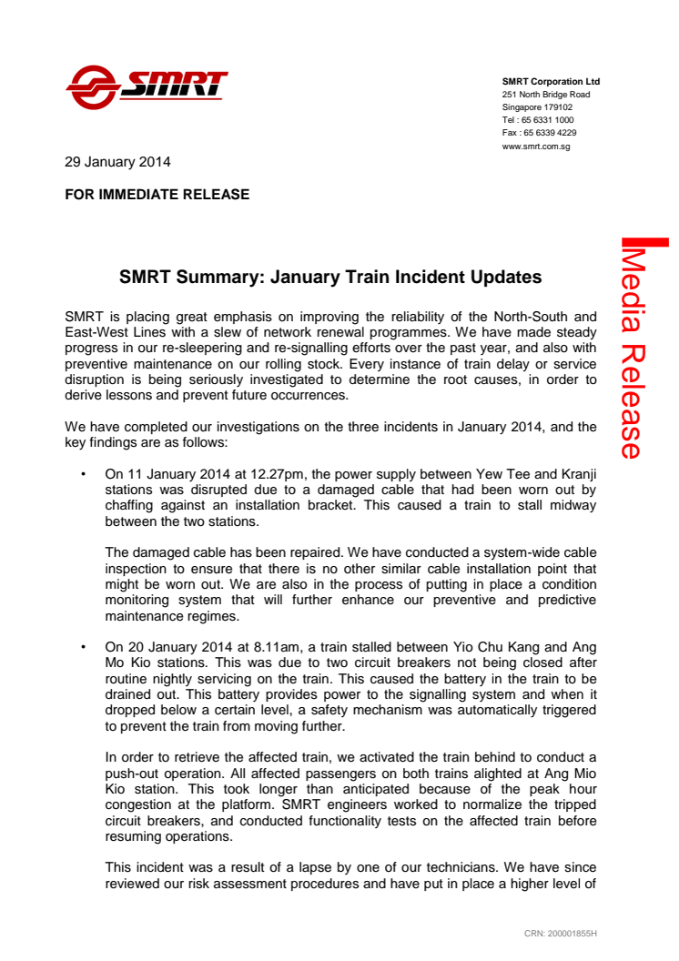 SMRT Summary: January Train Incident Updates