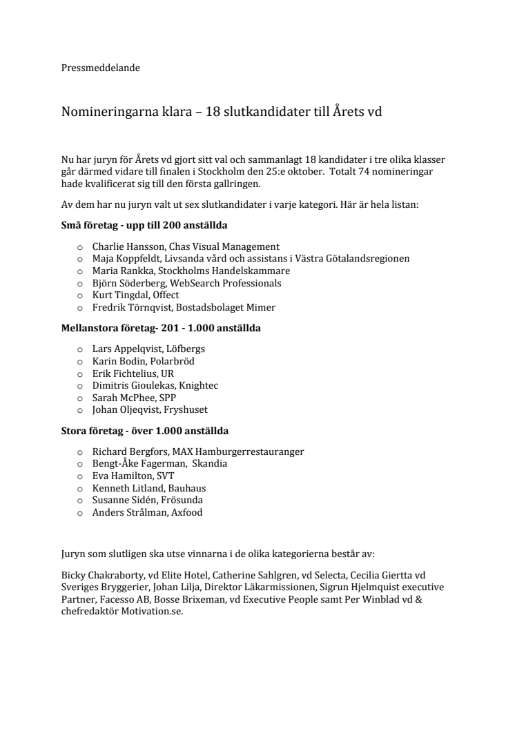 Nomineringarna klara – 18 slutkandidater till Årets vd