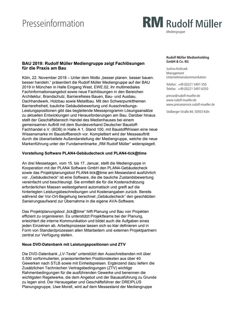 BAU 2019: Rudolf Müller Mediengruppe zeigt Fachlösungen  für die Praxis am Bau