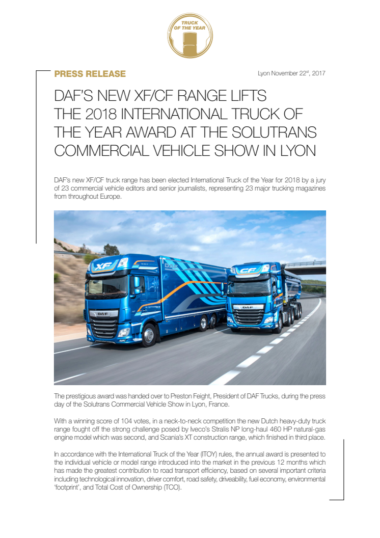 DAF’S NEW XF/CF RANGE LIFTS THE 2018 INTERNATIONAL TRUCK OF THE YEAR AWARD AT THE SOLUTRANS COMMERCIAL VEHICLE SHOW IN LYON