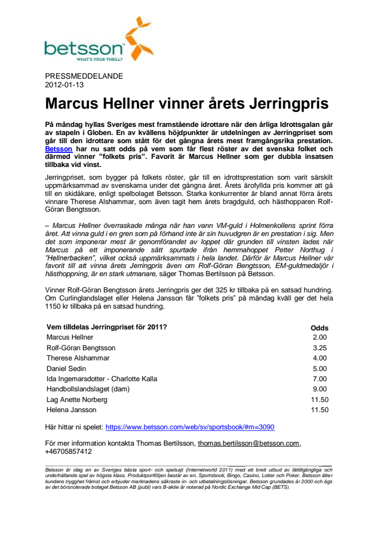 Marcus Hellner vinner årets Jerringpris