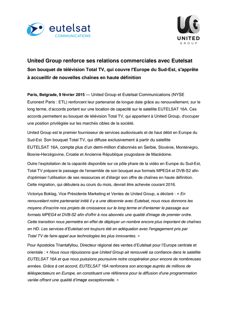 United Group renforce ses relations commerciales avec Eutelsat