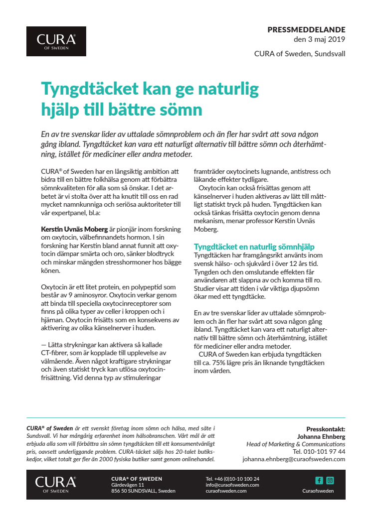 Tyngdtäcket kan ge naturlig  hjälp till bättre sömn