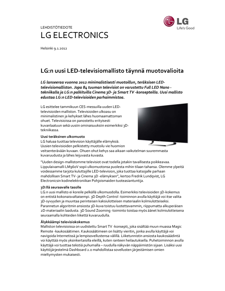 LG:n uusi LED-televisiomallisto täynnä muotovalioita