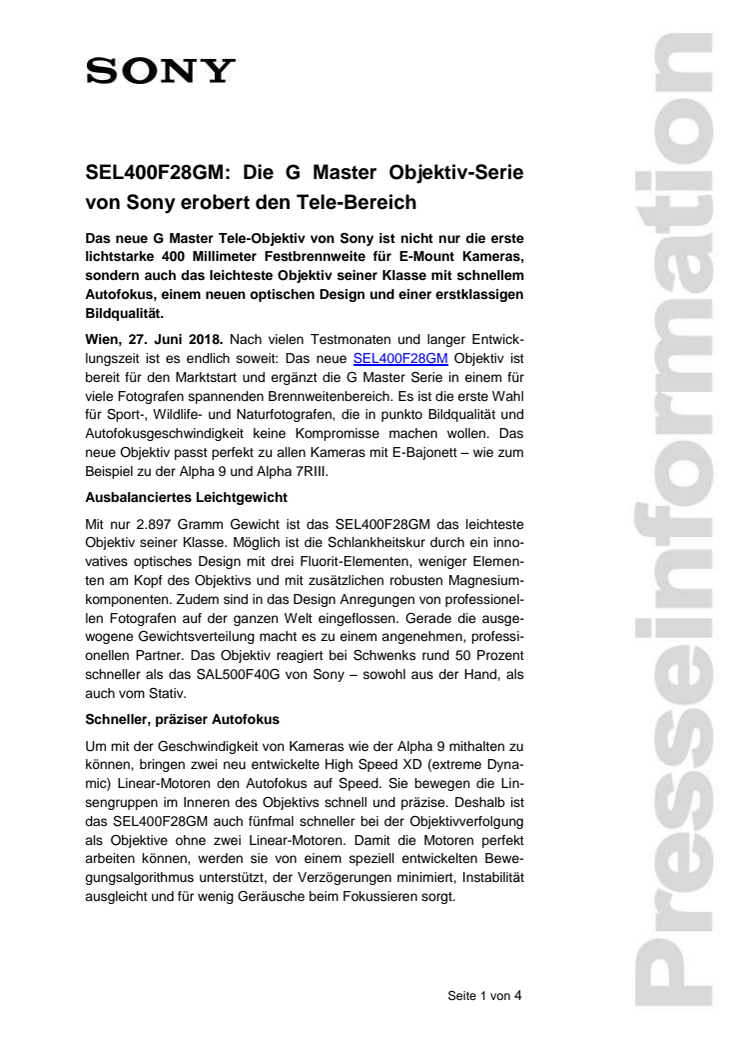 SEL400F28GM: Die G Master Objektiv-Serie von Sony erobert den Tele-Bereich