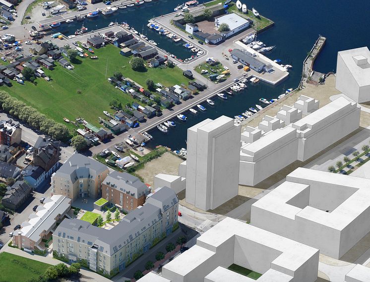 Flygbild över brf Gråsejen på Gamla Limhamn
