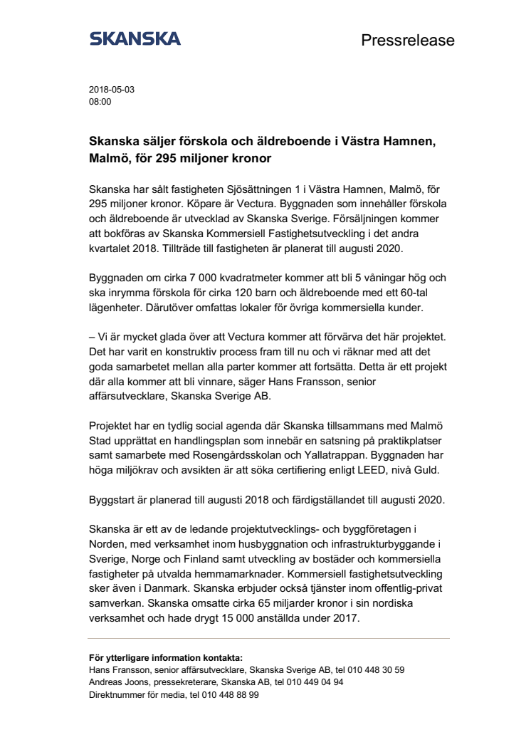 Skanska säljer förskola och äldreboende i Västra Hamnen, Malmö, för 295 miljoner kronor