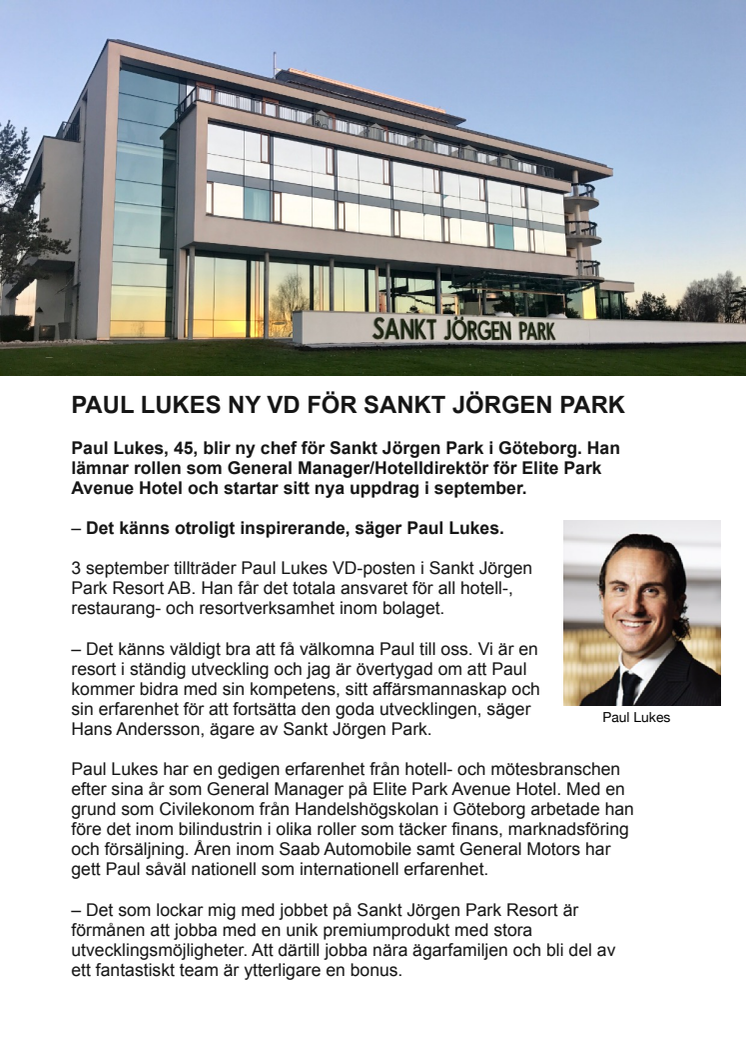 PAUL LUKES NY VD FÖR SANKT JÖRGEN PARK