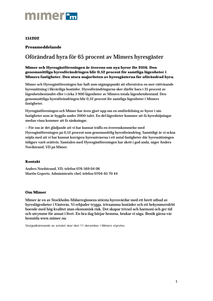 Oförändrad hyra för 65 procent av Mimers hyresgäster