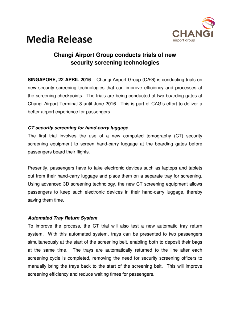 Changi Airport Group conducts trials of new  security screening technologies 