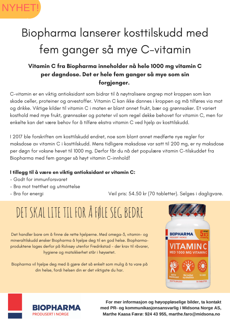 Nyhet! Biopharma lanserer kosttilskudd med fem ganger så mye C-vitamin