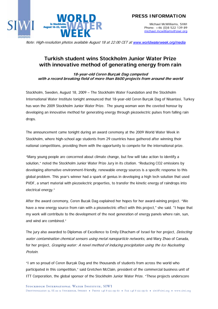 Turkish Student Wins Stockholm Junior Water Prize with Innovative Method of Generating Energy from Rain