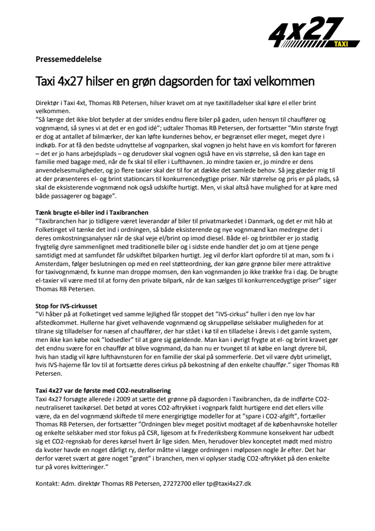 Taxi 4x27 hilser en grøn dagsorden for taxi velkommen