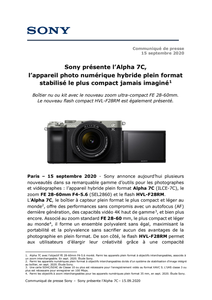 Sony présente l’Alpha 7C, l’appareil photo numérique hybride plein format stabilisé le plus compact jamais imaginé[1]