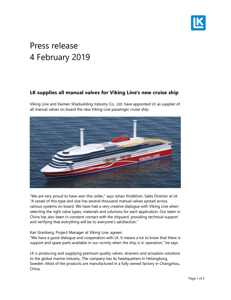 LK supplies all manual valves for Viking Line's new cruise ship