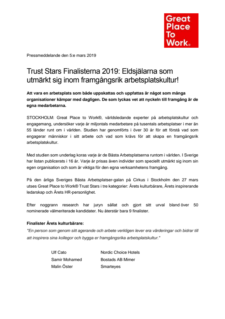 Trust Stars Finalisterna 2019: Eldsjälarna som utmärkt sig inom framgångsrik arbetsplatskultur! 