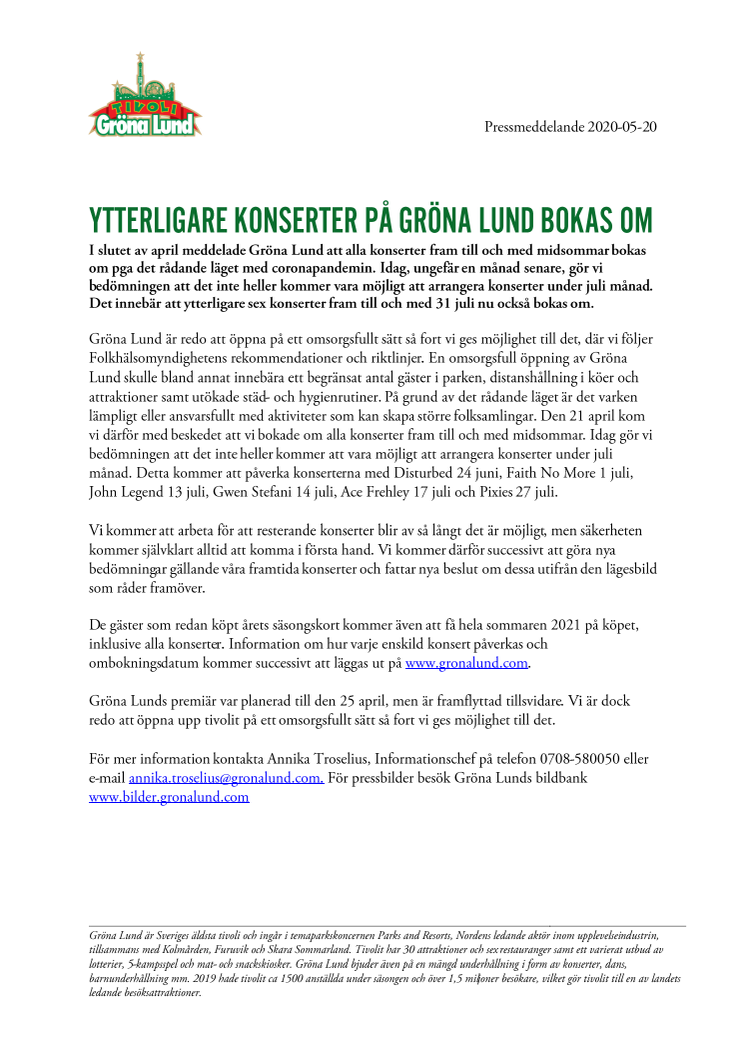 Ytterligare konserter på Gröna Lund bokas om