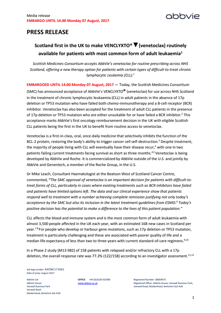 Scotland first in the UK to make VENCLYXTO®▼ (venetoclax) routinely available for patients with most common form of adult leukaemia