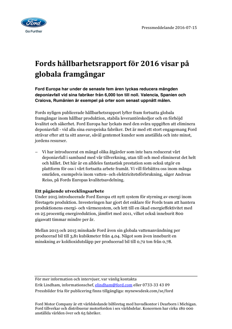Fords hållbarhetsrapport för 2016 visar på globala framgångar