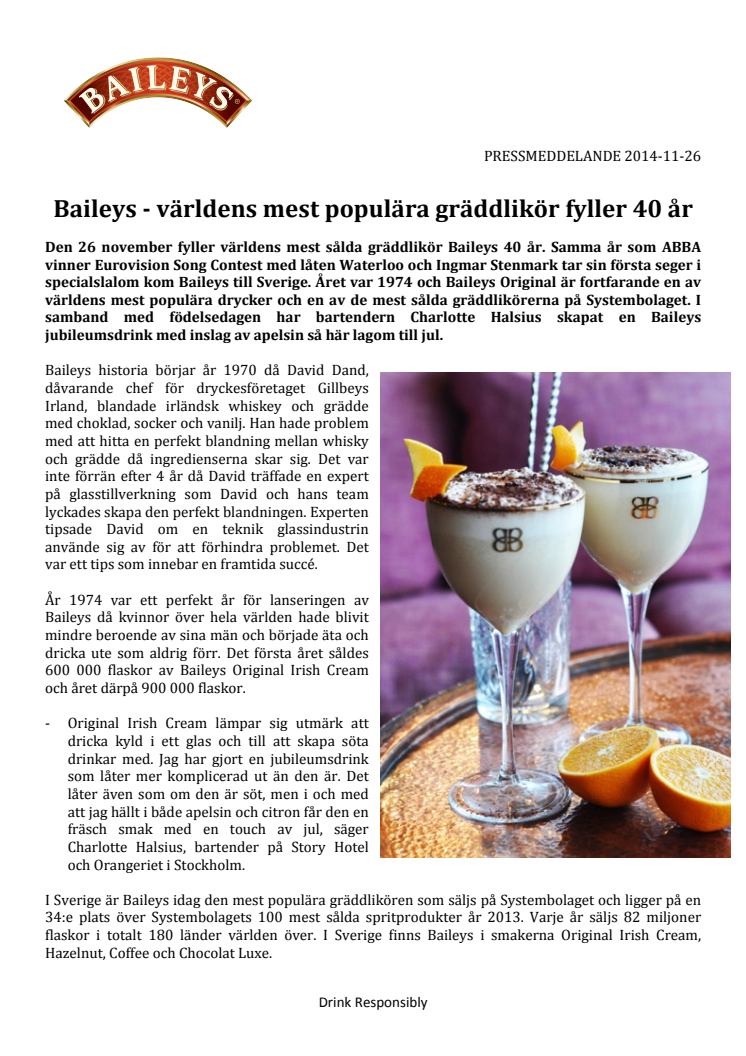 Baileys - världens mest populära gräddlikör fyller 40 år