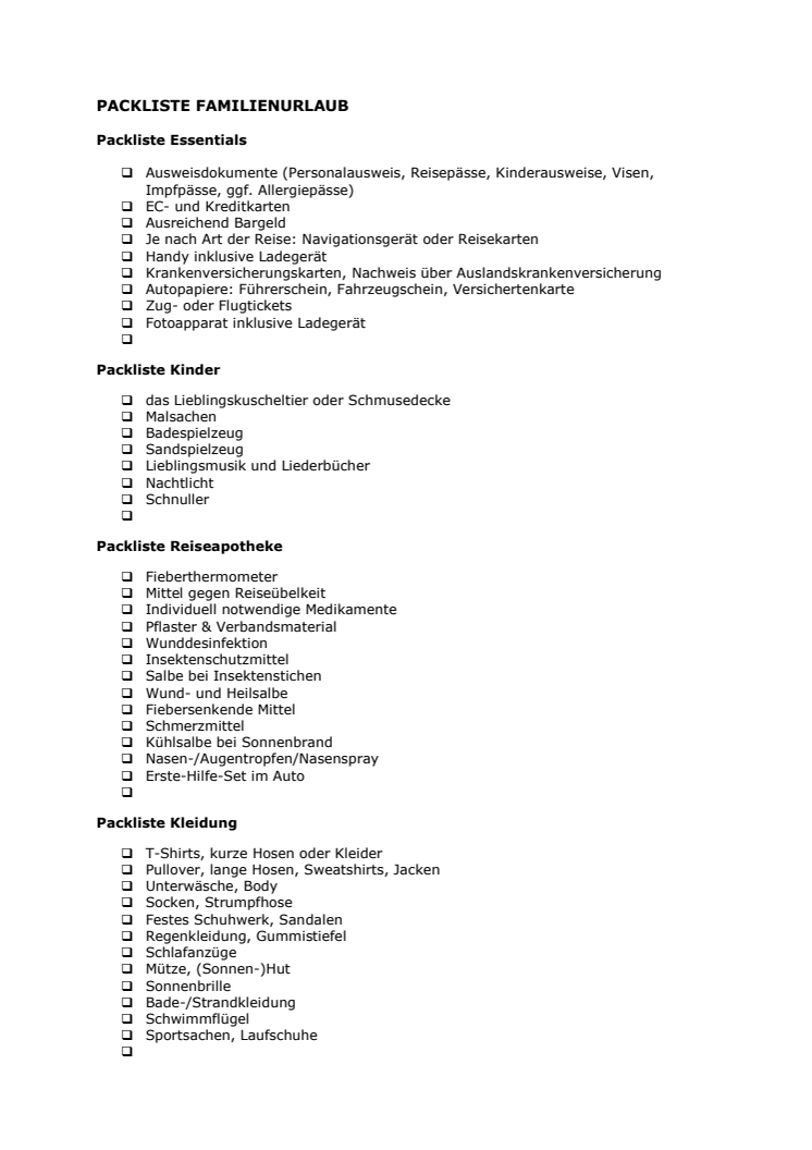 Packliste Familienurlaub