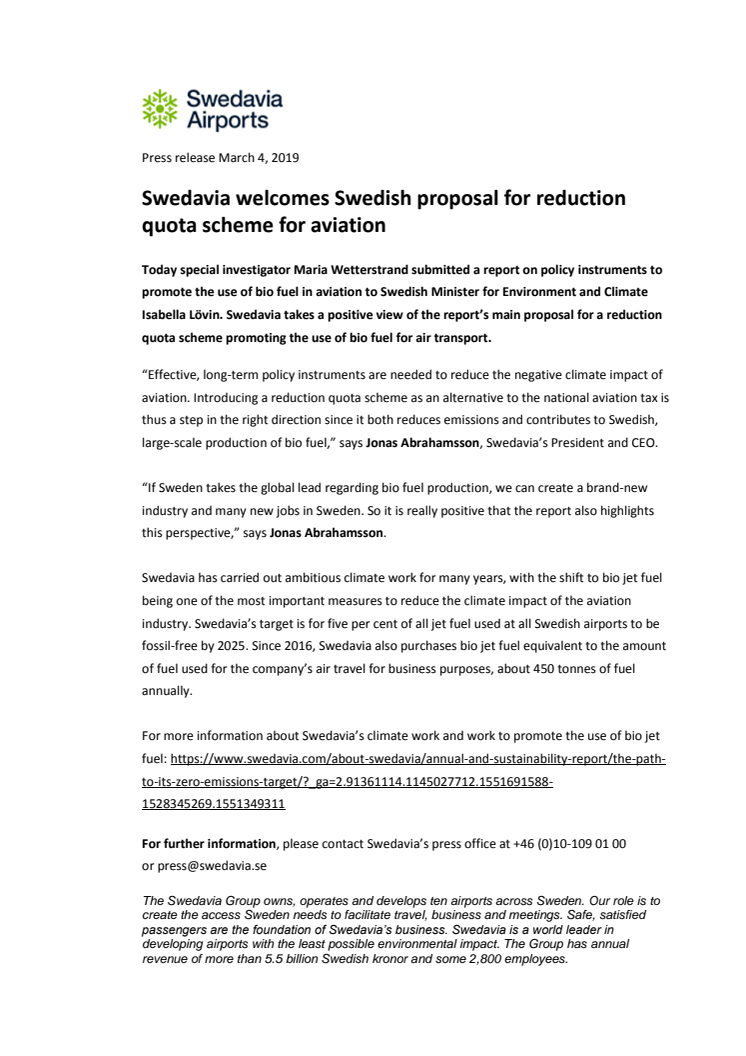 Swedavia welcomes Swedish proposal for reduction quota scheme for aviation