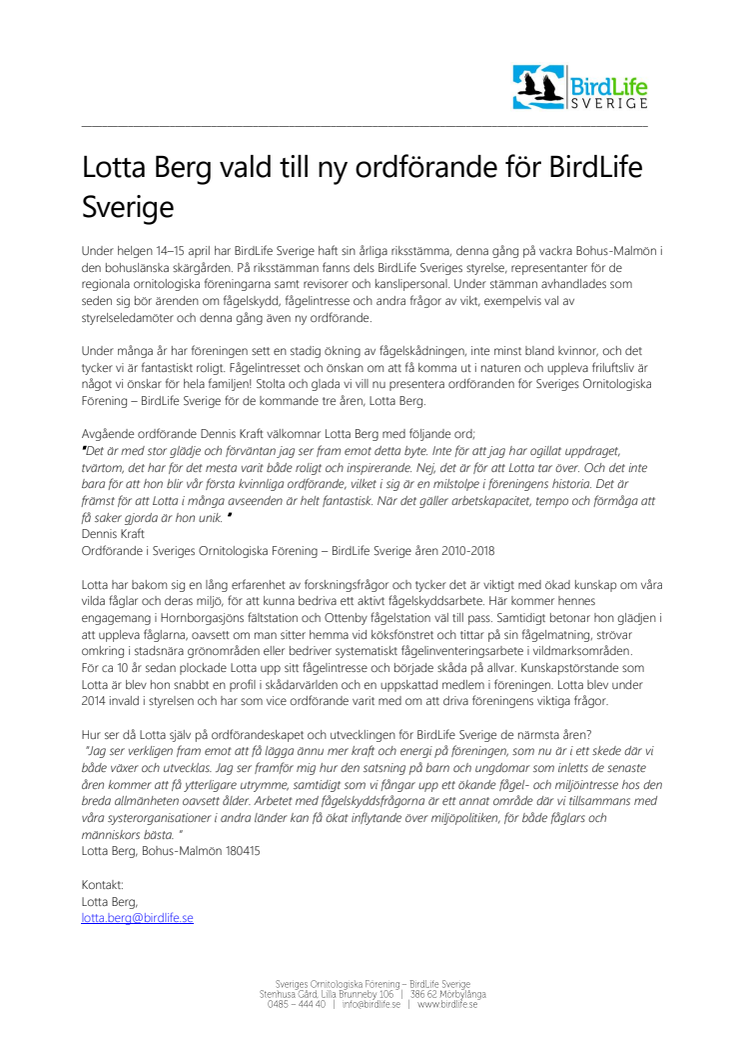 Lotta Berg vald till ny ordförande för BirdLife Sverige