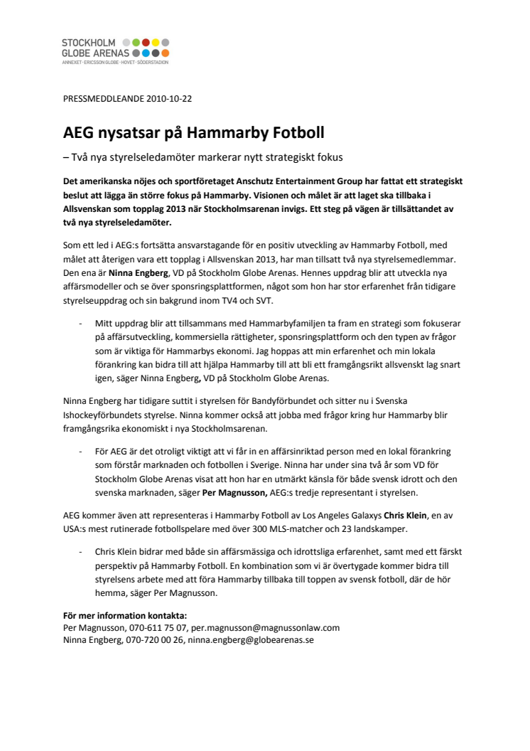 AEG nysatsar på Hammarby Fotboll