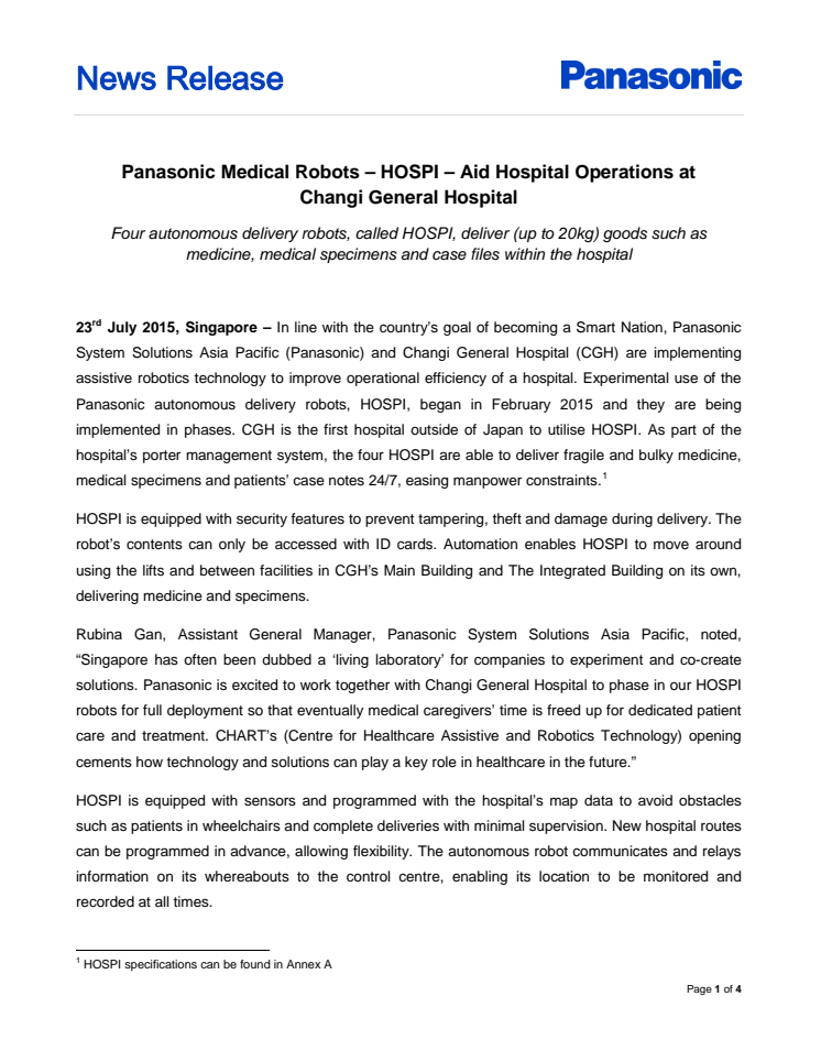 Panasonic Medical Robots – HOSPI – Aid Hospital Operations at  Changi General Hospital