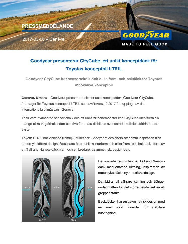 Goodyear presenterar CityCube, ett unikt konceptdäck för Toyotas konceptbil i-TRIL