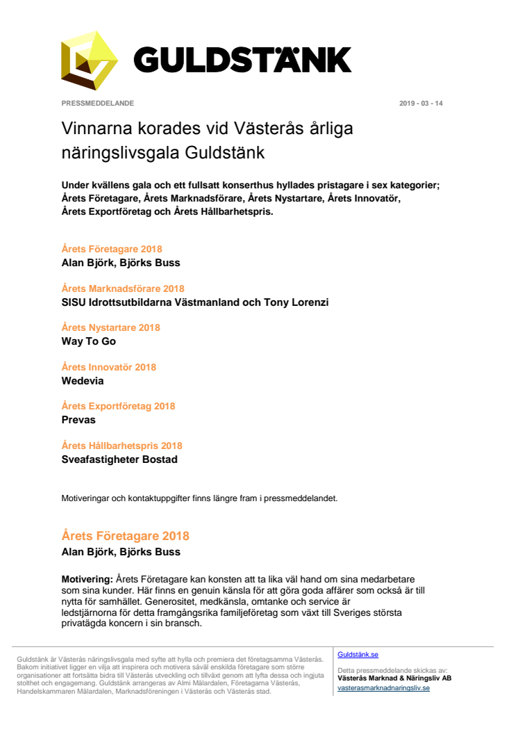 Vinnarna korades vid Västerås årliga näringslivsgala Guldstänk