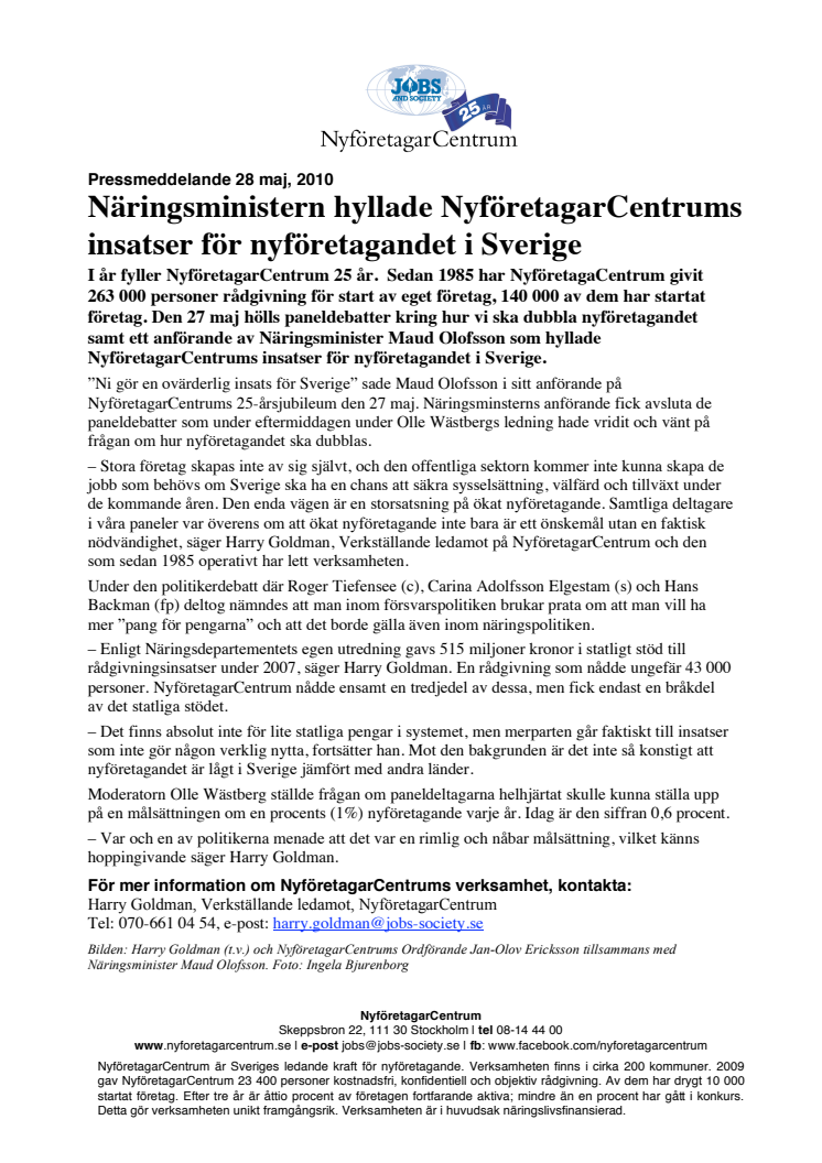 Näringsministern hyllade NyföretagarCentrums insatser för nyföretagandet i Sverige