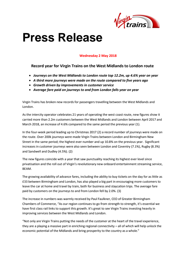 Record year for Virgin Trains on the West Midlands to London route